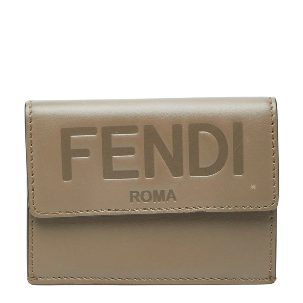 Fendi Tri fold Wallet Compact Greige Gray Leather